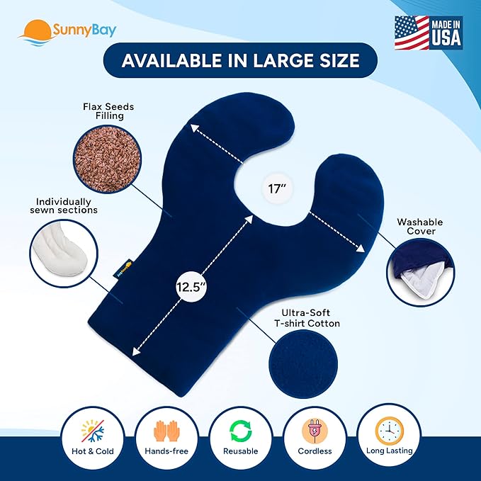 SunnyBay Shoulder and Upper Back Heating Pad, Microwavable Cold or Heated Neck and Shoulder Wrap, Weighted Moist Pain Relief Pack with Washable Cover and Flaxseed Filling, Large, Midnight Blue
