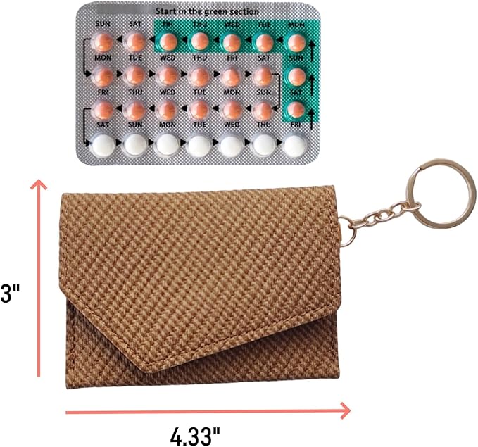 Birth Control Pill Case Wallet PU Leather Medicine Holder Keychain (Brown)