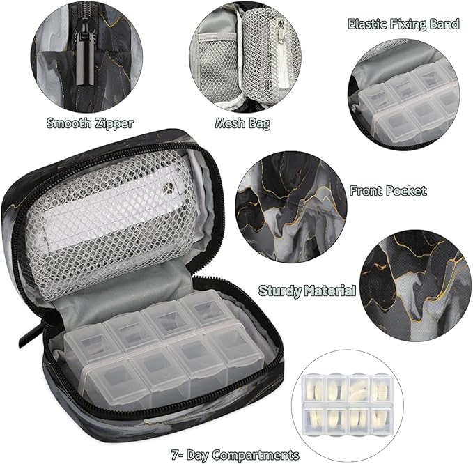 Black Grey Marble Modern Travel Pill Organizer Box Weekly Portable Pill Case Daily Pills 7 Day Small Birth Control Pills Container Removable Compartments for Medicine Vitamins Fish Oil