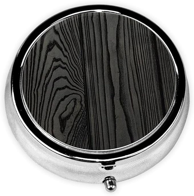 Metal Pill Organizer - 3-Compartment Mini Round Pill Case for Pocket & Purse, Portable Vitamin Holder, Easy-Open Design for Travel - Black Wood Grain