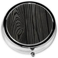 Metal Pill Organizer - 3-Compartment Mini Round Pill Case for Pocket & Purse, Portable Vitamin Holder, Easy-Open Design for Travel - Black Wood Grain