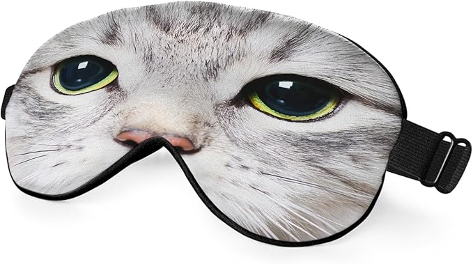 Cat Silk Eye Mask Sleep Mask Cute Funny Kitten Big Green Eyes Animal Pet Eye Mask with Adjustable Strap Lightweight for Women Work Travel Night Sleep