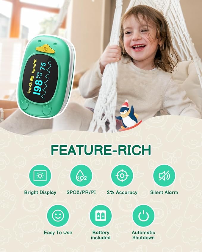 Pulse Oximeter For Kids-HOLFENRY Baby Oxygen Monitor Fingertip For Children Kids Pulse Oximeter Fingertip, Large Display, Included with AAA Battery