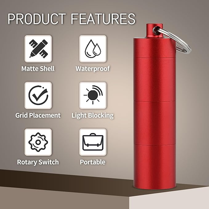 Pill Box Keychain, Aluminum Alloy, Waterproof Compact Pill Organizer for Emergency Pills & Vitamins, Portable Keyring Necklace Holder, Travel Hiking Essentials, 3 Compartments, Red