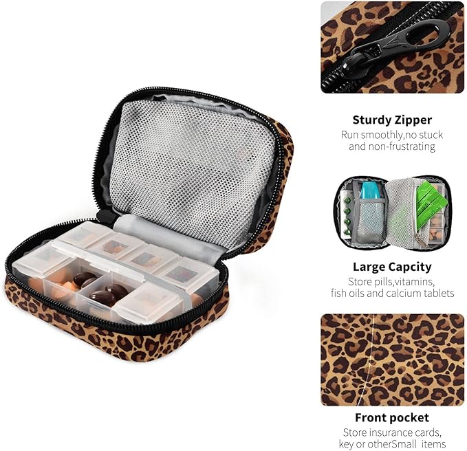 Leopard Pattern Weekly Pill Organizer, Pill Cases Bag Portable Pill Container 7 Days Pill Box Organizer Vitamin Supplement Holder with Zipper for Travel Family Business Camping