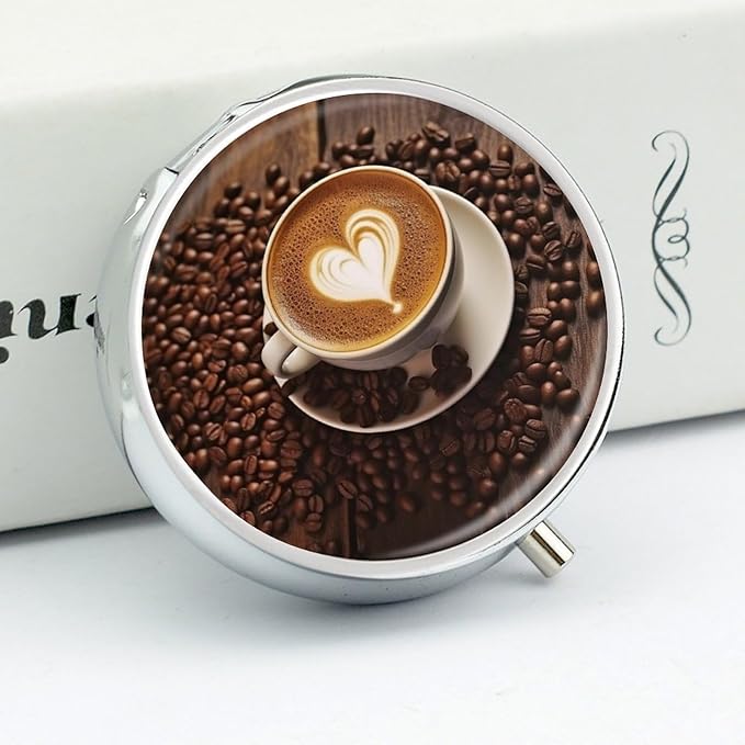 Coffee with Heart Pattern Pill Box 3 Compartment Small Pill Case Portable Pill Box for Pocket Or Purse Round Metal Pill Box Cute Medicine Organizer Holder to Hold Vitamins Medication