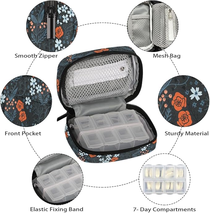 Seamless Botanicals Flowers Pill Case Everyday Travel, 7 Day Weekly Medicine Pill Box Compact Portable Pills Bottle Organizer with Zipper for Daily Vitamin Medicine Holder Bottle Organizers Bag