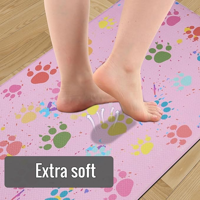 Pink Kitchen Mat Cushioned Anti-Fatigue Floor Mat,Waterproof Non-Skid Kitchen Mats and Rugs Heavy Duty Comfort Standing Mat for Home, Office, Sink, Laundry, Colorful Paws