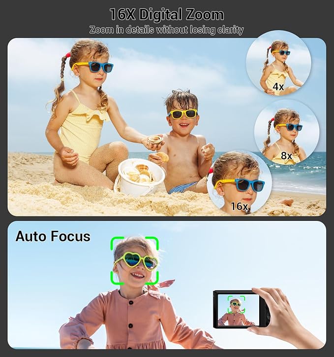 Digital Camera 4K, Autofocus Digital Compact Digital Camera,16X Digital Zoom Upgraded Travel Camera with 64GB SD Card,2 Batteries,Small Camera for Teens Kids Boys Girls,Black