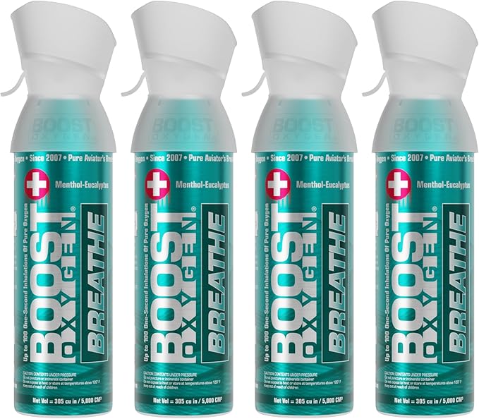 Boost Oxygen Medium Breathe Menthol-Eucalyptus Aroma 5L Canister | Respiratory Support for Altitude, Performance & Health (4 Pack)