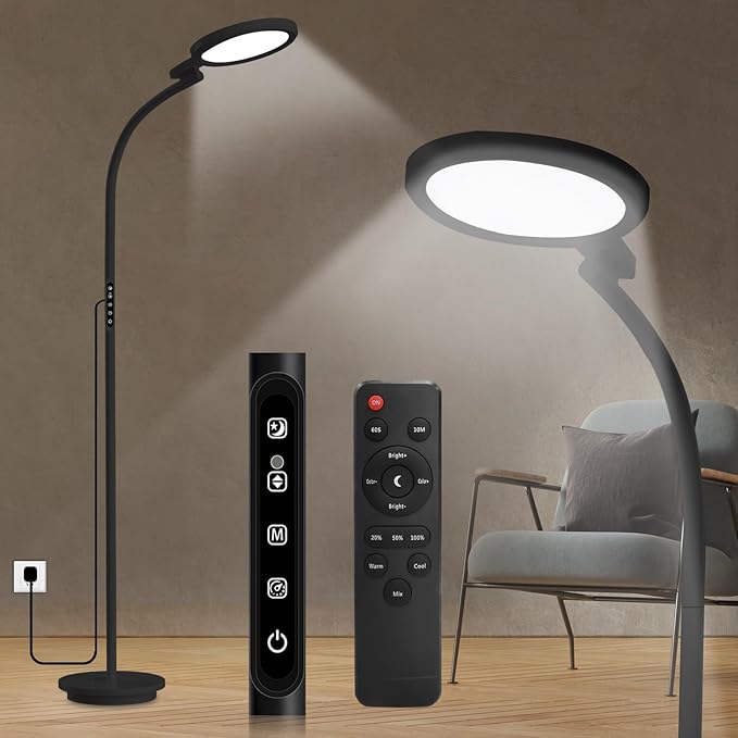 Light Therapy Lamp 10000 Lux UV-Free Sun Floor Lamp, 360° Gooseneck Happy Lamp with 5 Colors & 5 Brightness Levels & Remote Control + Touch Dual Control (Black)