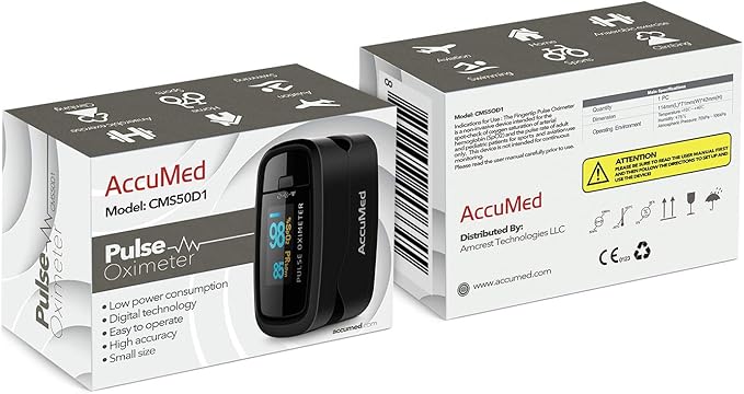 AccuMed CMS-50D1 Fingertip Pulse Oximeter Blood Oxygen Sensor SpO2 for Sports and Aviation. Portable and Lightweight with LED Display, 2 AAA Batteries, Lanyard and Travel Case (Black)