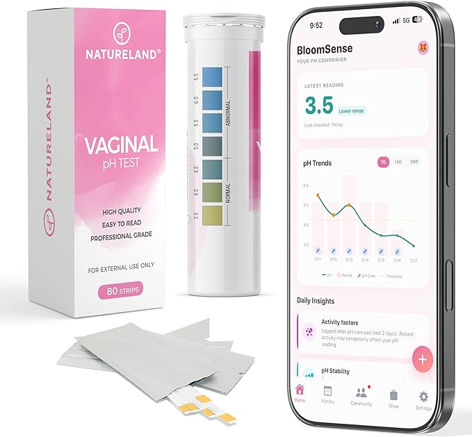 NATURELAND Vaginal pH Test Strips for Women – At-Home Test Kit, with BloomSense App, Accurate 3.5-6.5 Range, Foil-Sealed (80 Strips)