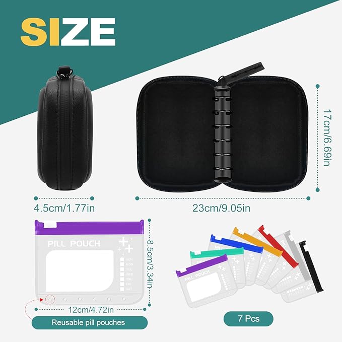 A7 Waterproof Pill Organizer with 7 PCS L Size Zippered Pill Pouches for A7 Binder, Large BPA-Free Weekly Medicine Organizer, Color-Coded Reusable Travel Pill Storage System