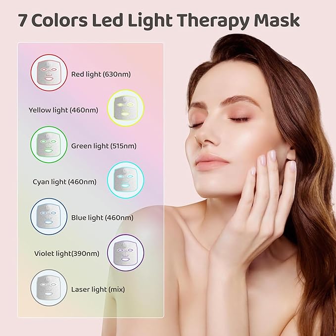 JVV Red Light Therapy for Face, 7 Colors LED Facial Skin Care Mask, 10-Minute Auto Off, Wearable for Home Use, White