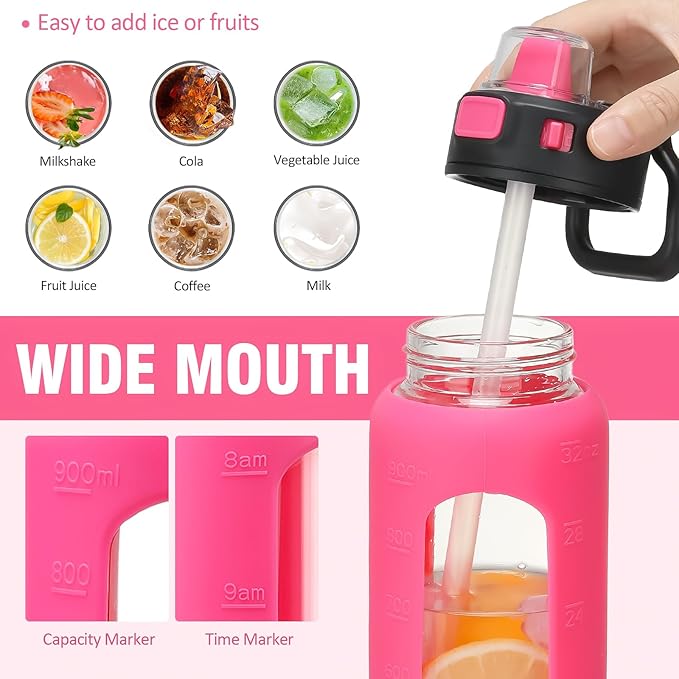 Kodrine 32 oz Glass Water Bottle with Straw and Carry Loop, One-Touch Leakproof Locking Lid, Reusable Drinking Bottle with Time Marker for Travel Home Gym Sports (Rose Red)