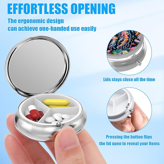 Colorful Jellyfish Pill Case, Pill Box 3 Compartments Metal Small Pill Holder with Mirror Mini Travel Pill Container for Purse Pocket Women Men