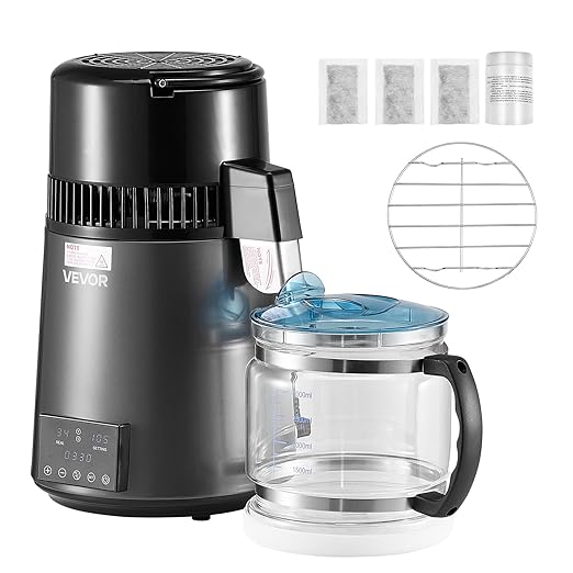 VEVOR 1750W Water Distiller, 0.4Gal/H Distilled Water Maker with Glass Carafe, 4L/1.1Gal Countertop Distiller Machine, 0-99H Time Temp Dual Display, Anti-Dry Design 304 Stainless Steel Still, Grey