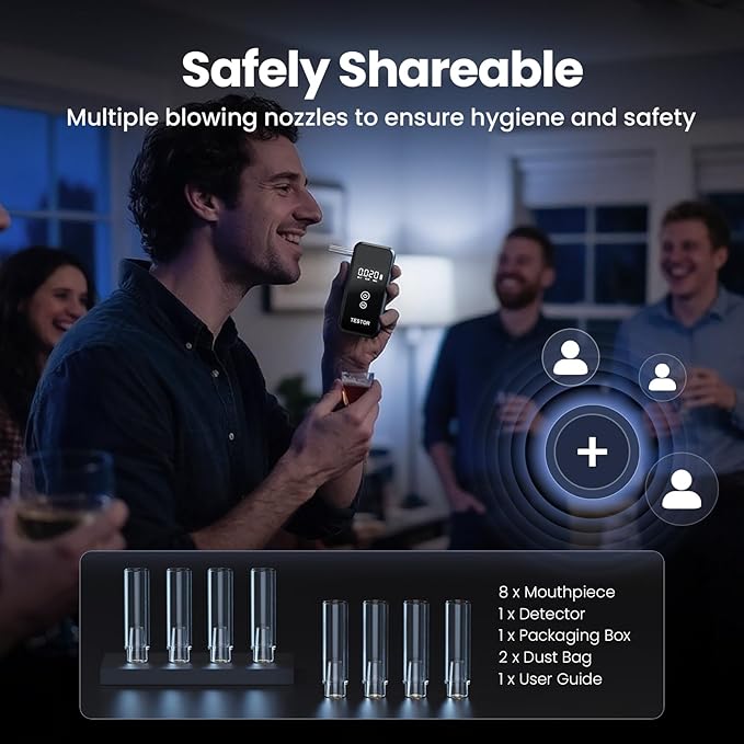 Professional-Grade Breathalyzer, High-Accuracy Breathalyzers for Alcohol with Memory Function,Portable Personal Breathalyzer Tester for Home & Travel Use-8 Mouthpieces