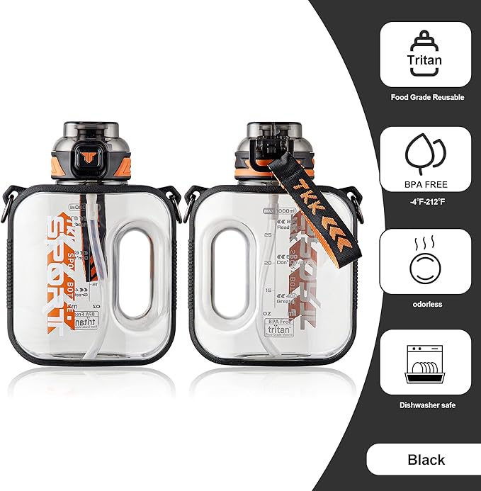 TKK 32oz Sport Water Bottle with Straw Water Jug with Straw Large Capacity Plastic Water Bottle Dishwasher Safe 1L Water Bottle Jug BPA Free Tritan for Gym Yoga Travel Camping Outdoor Black