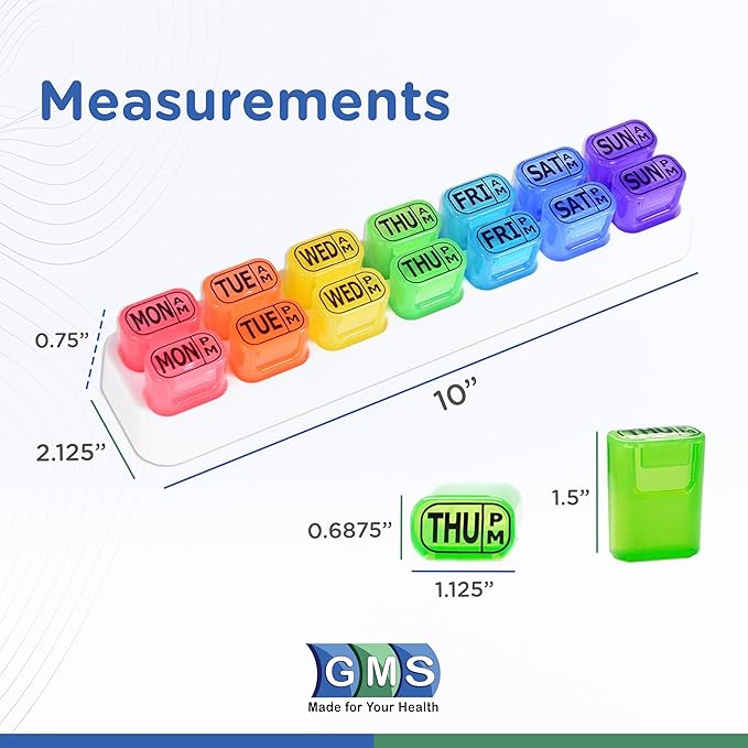 GMS Weekly Pill Organizer - 7 Day AM/PM Pop Out Pill Pods for Supplements, Vitamins & Medications - Ideal for Daily Use & Travel - Rainbow
