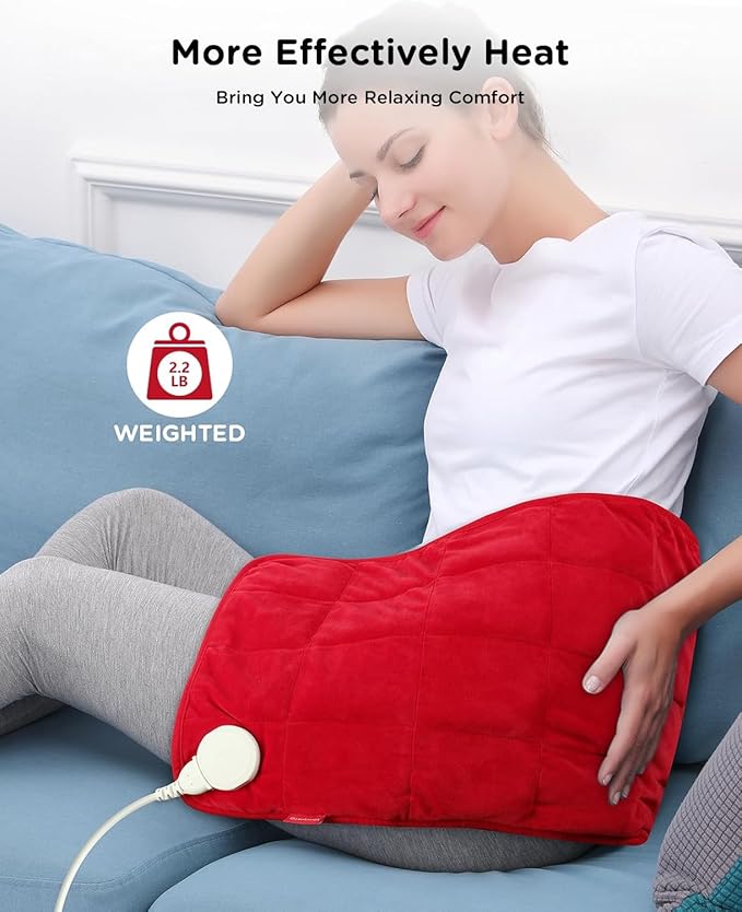Comfytemp Weighted Heating Pad for Period & Back, 2.2lb Extra Large Menstrual Heated Pad, 12" x 24" XL Electric Heat Pad with 9 Heat Level & 11 timers auto-Off for Neck Shoulder Leg Knee Abdomen, Red