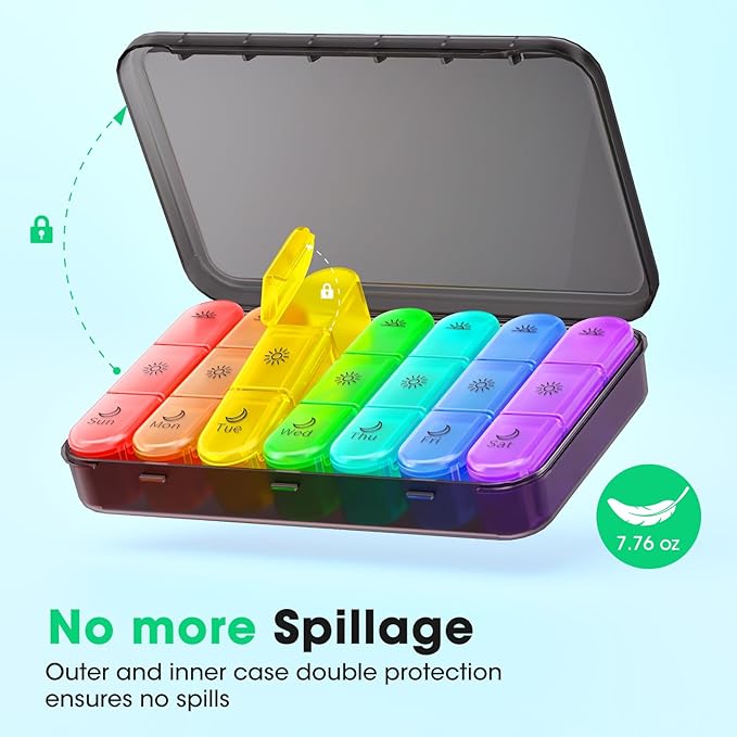 3 Times a Day Pill Organizer - 7 Day Portable Weekly Pill Box, Travel Pill Case with Snap-Locked Compartments, BPA-Free for Vitamins & Medication(Black)