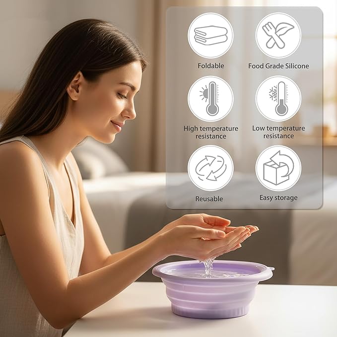 Foldable Face Bowl for Ice with Built-in Ice Tray & Hanging Hook - Collapsible Silicone Facial Bath Bowl for Cold Plunge Therapy, Skin Tightening, Acne Relief - Portable for Home, Travel, Gym(Purple)