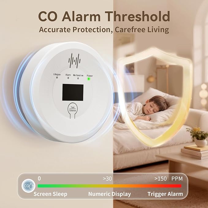 Carbon Monoxide Detectors 90dB Alarm, CO Detector Battery Powered(Not Include), 10-Year Lifespan Carbon Monoxide Alarm with LCD Display for Travel, Home, Kitchen, JA-997, 1 Pack
