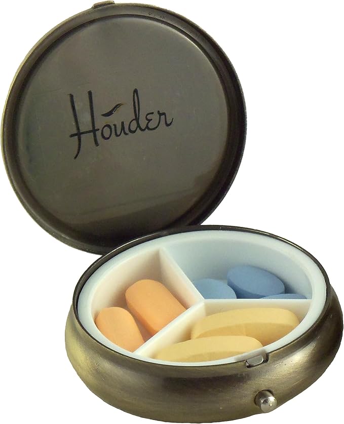 Classy Brass Pill Box - Decorative Pill Case with Gift Box - Carry Your Meds in Style (Round)