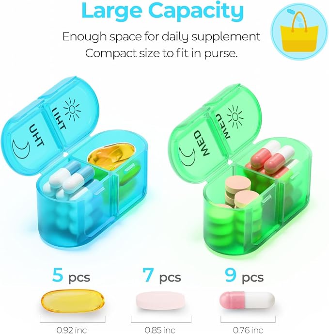 Weekly Pill Organizer 2 Times a Day - AM PM Pill Organizer with 7 Daily Color-Coded Small Cases, Morning and Night Travel Pill Cases for Vitamins, Medicine, & Supplements