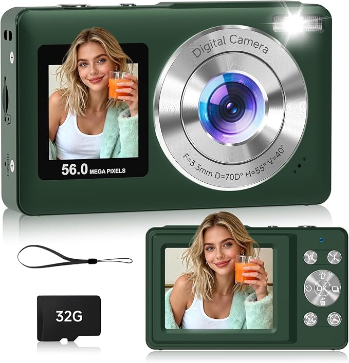 Digital Camera, 56MP Dual Screen Autofocus Vlogging Camera, 16X Zoom Point and Shoot Camera for Photography, Anti-Shake, 32GB Card, Compact Camera for Teens Adults,Green