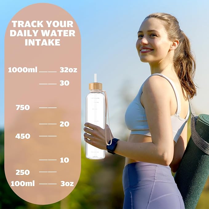 1 Pcs Slim Water Bottle 32oz, 1L Motivational Tracking Reminder Water Bottle-lightweight & Shatterproof and Stainless Steel Lid & Bamboo Straw Lid, for Travel Sports School Gym(Clear)