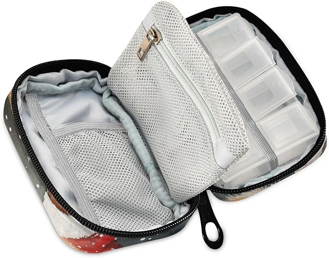 Christmas Squirrels Watercolor White Travel Pill Organizer Case Box Container Weekly Portable Vitamin Medicine Holder Storage Bag with Zipper Removable