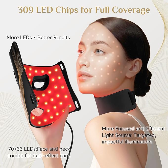 LED Light Therapy Mask Skin Care Mask, LED Red 630±5nm & NIR 830nm Wavelength for Home Use（Advanced Black）