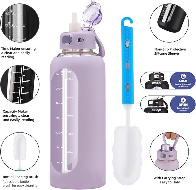 SIEROZUR 32 oz Glass Water Bottle with Straw and Handle 1 Liter Glass Water Bottle with Silicone Sleeve and Time Marker Sports Water Jug Wide Mouth for Travel Gym