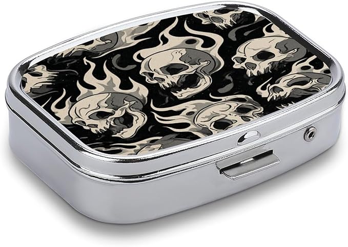 Metal Pill Organizer – 2-Compartment Pocket Pill Box for Vitamins, Supplements, Medications – Compact Travel Case (Flaming Skulls)