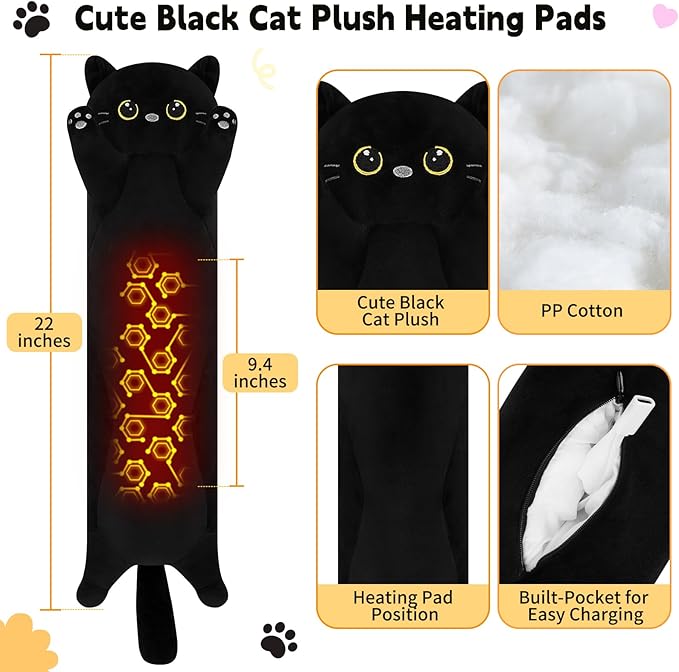 Cat Heating Pad-USB Heated Plush Stuffed Animals for Period Cramps and Menstrual Pain Relief,22” Portable Electric Kitten Heating Pads,Built-Pocket Plushies Women Girls Birthday Gift,Black