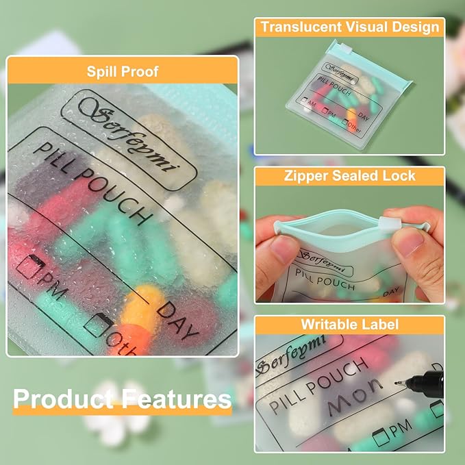 Serfeymi 48 Pcs Pill Pouch Bags for Travel Reusable Plastic Bags 3x3 Inch 12 mil (Double Sided) Translucent Zippered Pill Pouches for Medicine with Slide Lock & Writable Label, 1Pc Marker-Green+Yellow