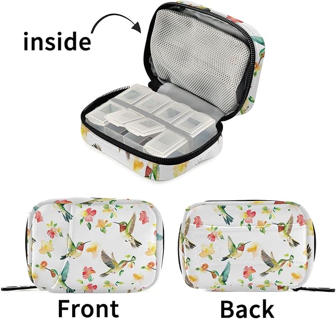 Fustylead Beautiful Hummingbirds and Flower Pill Organizer for Purse, Weekly Portable Pill Box with Zipper to Storage Vitamins Fish Oils Medications Supplements