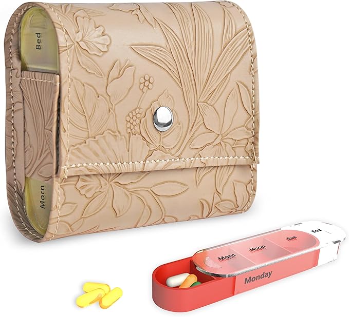 Pill Organizer,LIZIMANDU Weekly Travel Pill Case Box Medication Reminder Daily AM PM, Day Night 7 Compartments,for 4 Times A Day, 7 Days a Week-Includes Leather PU Carrying Case(1-Carved Apricot