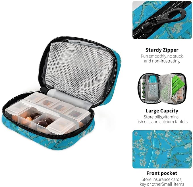 Van Gogh Almond Blossoms Blue Travel Pill Organizer Weekly Small (Cute) Pill Box 7 Day Pill Case Vitamin Holder Pill Bottle Organizer