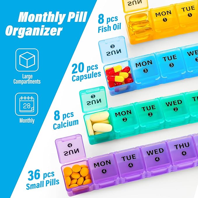 XL Large Monthly Pill Organizer 4 Weeks, 28 Day Pill Organizer Weekly, Big Compartment with Travel Case, 7 Day Pill Dispenser 4 Times a Day, Medicine Organizer Box for Vitamin, Fish Oil （Black）