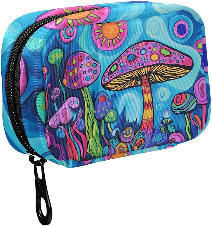 Fustylead 60s Hippie Aesthetic Colorful Art Mushroom Travel Pill Organizer Case Zipper for Purse with Removable Weekly Pill Box for Medicine, Vitamin, Supplement Medicine Organizer