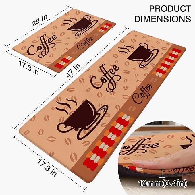 Anti Fatigue Kitchen Rugs Set of 2, Coffee Kitchen Mats for Floor, Farmhouse Kitchen Decor, Anti-Slip and Anti-Fatigue Foam Standing Mat, 17x30 inch Sink Mat+17x47 inch Runner Rug Brown