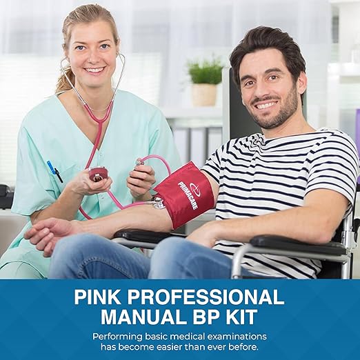 PrimaCare Medical DS-9197-PK Professional Classic Series Manual Adult Size Blood Pressure Kit, Emergency Bp kit with Stethoscope and Portable Leatherette Case, Nylon Cuff, Pink