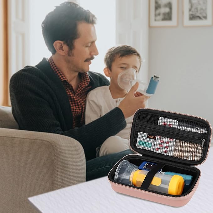 Canboc Travel Carrying Case for Asthma Inhaler, Handheld Spacer for Adults and Kids, Masks, Hard Inhaler Case with Mesh Pocket fit Medicine and Other Essentials, Rose Gold (CASE ONLY)