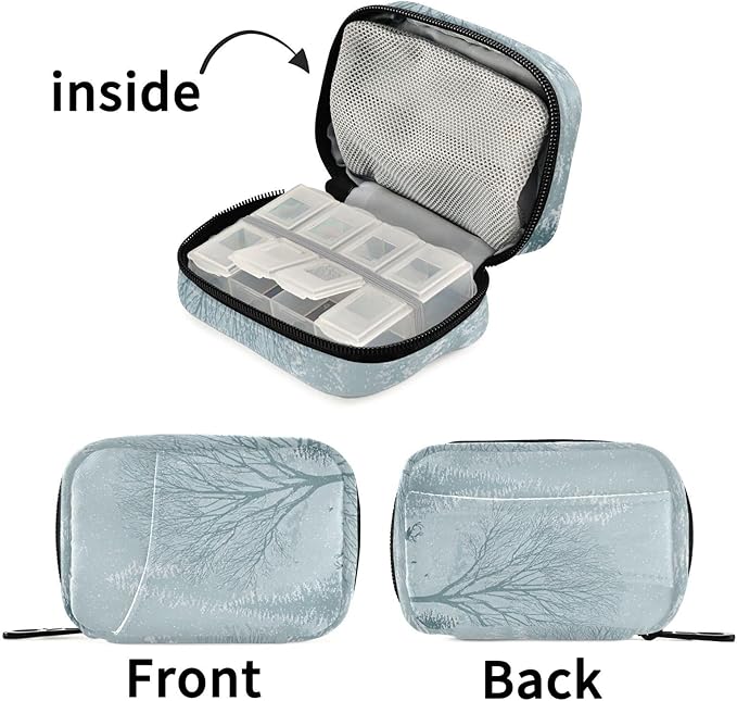 Snowflake Trees and Reindeer Travel Pill Organizer Case Box Container Weekly Portable Vitamin Medicine Holder Storage Bag with Zipper Removable