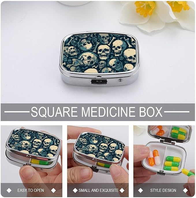 Metal Pill Organizer – 2-Compartment Pocket Pill Box for Vitamins, Supplements, Medications – Compact Travel Case (Skull Bones)