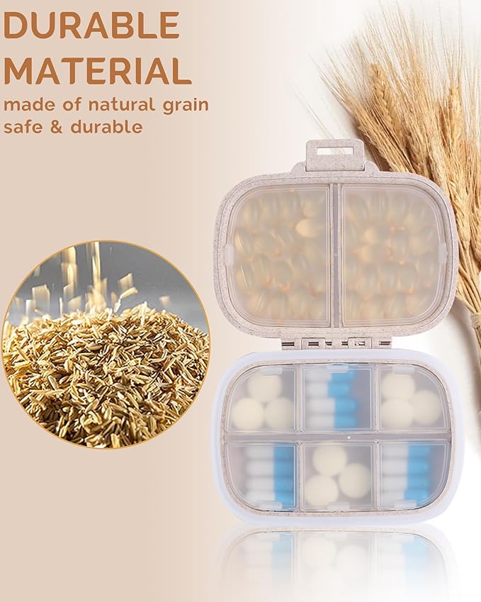 8 Compartments Travel Pill Organizer, Daily Pill Case Small Pill Box for Pocket Purse, Portable Pill Container Medicine Vitamin Organizer (Khaki)